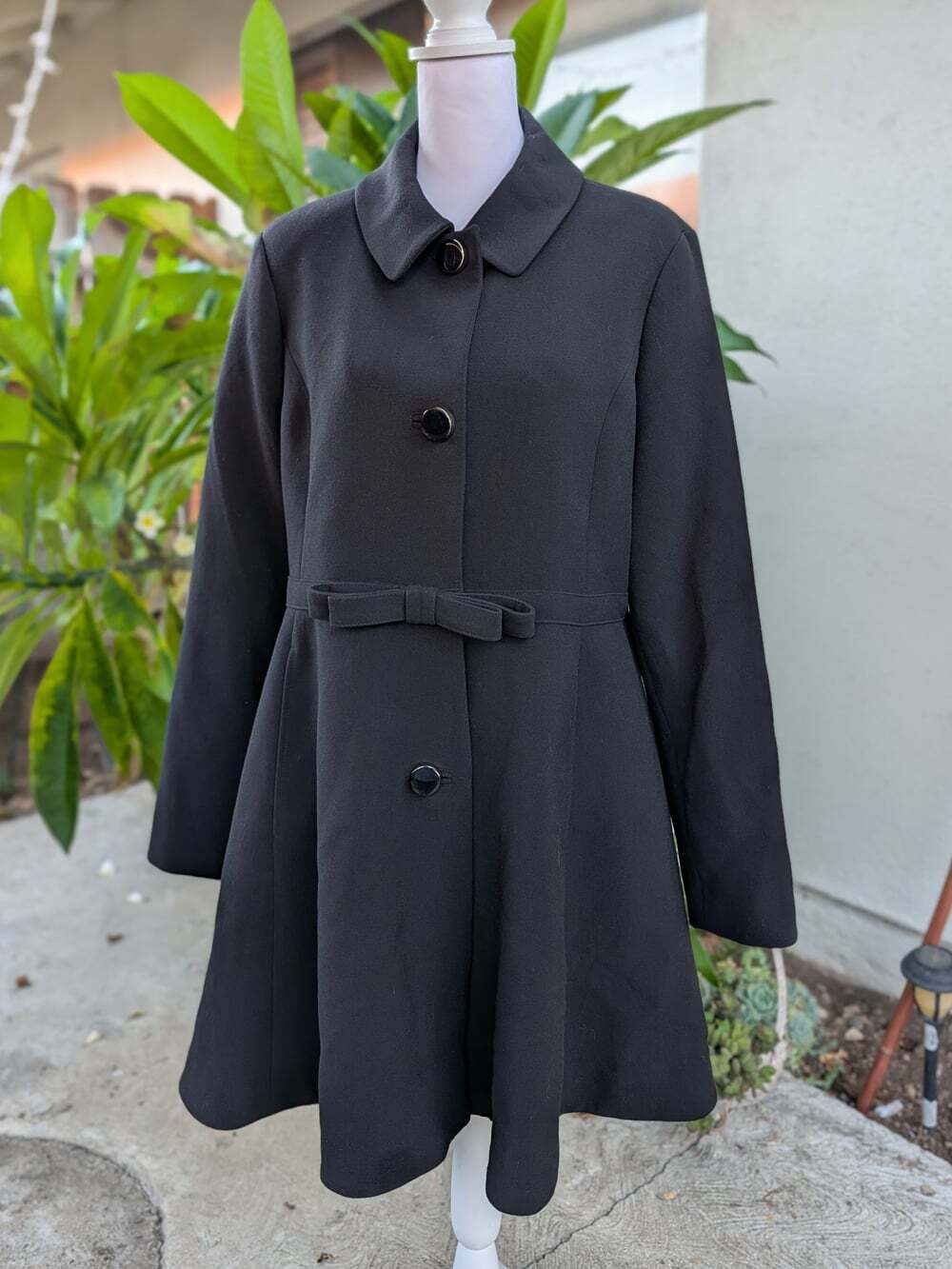 Kate Spade fit and flare black jacket coat bow waist polkadot lining XL VGUC